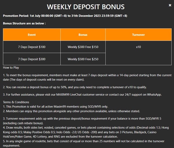 Maxim99-Weekly-Deposit-Bonus